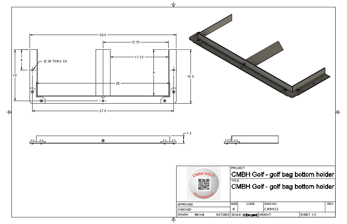 Technical drawing of a golf bag bottom holder with dimensions and branding.